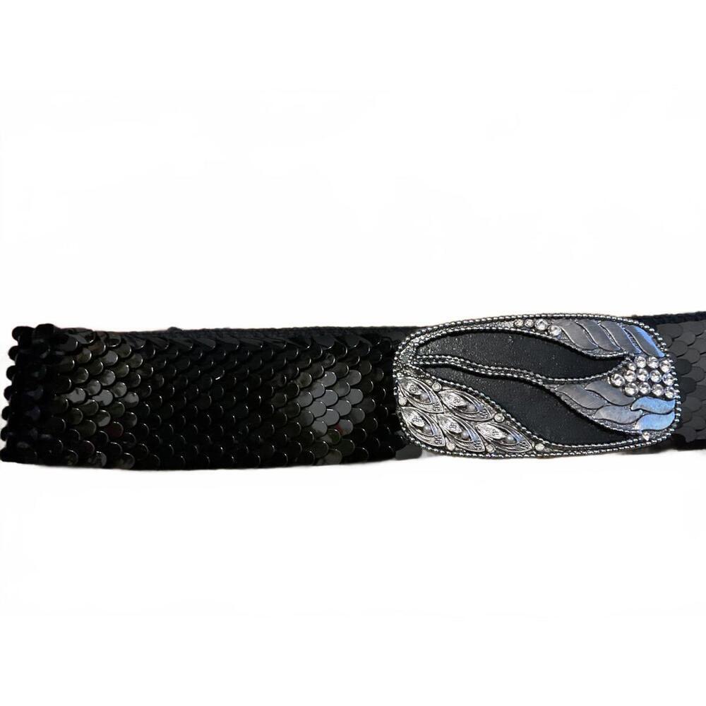 Vintage Elegant Black Sequined Belt with Decorative Silver Buckle - Picture 7 of 11